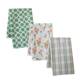 Tea Towel (Set of 3) 20" x 28" Cotton (Color: Green/Flowers)