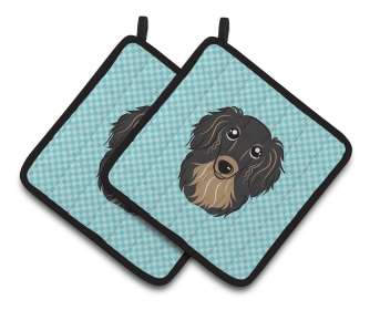 Dog Portrait on Pair of Pot Holders (Breed: Dachshund - Longhair - Black and Tan)