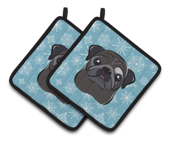 Snowflake and Dog Art Pair of Pot Holders (Dog Breed: Pug - Black)