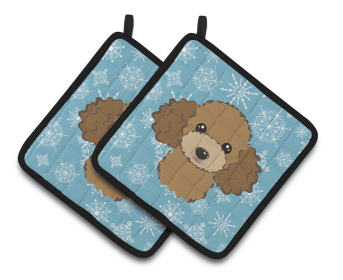 Snowflake and Dog Art Pair of Pot Holders (Dog Breed: Poodle - Chocolate)