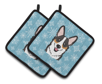 Snowflake and Dog Art Pair of Pot Holders (Dog Breed: Corgi - Tricolor)