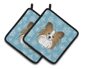 Snowflake and Dog Art Pair of Pot Holders (Dog Breed: Papillon)