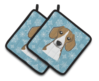 Snowflake and Dog Art Pair of Pot Holders (Dog Breed: Beagle1)
