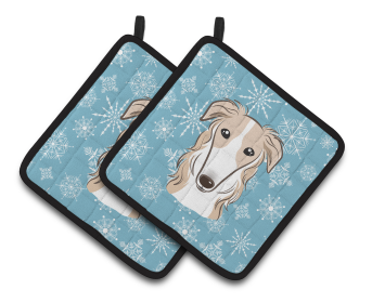 Snowflake and Dog Art Pair of Pot Holders (Dog Breed: Borzoi)