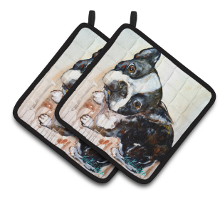 Dog Pair of Pot Holders (Color: Boston Terrier Jake The Look, size: 7.5 x 7.5)