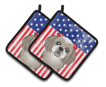 American Flag and Dog on Oven Mitt (Dog Breed: Shih Tzu - Silver)