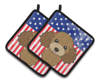 American Flag and Dog on Oven Mitt (Dog Breed: Poodle - Chocolate)