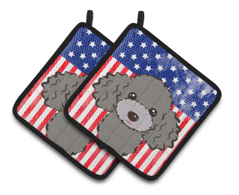 American Flag and Dog on Oven Mitt (Dog Breed: Poodle - Silver)