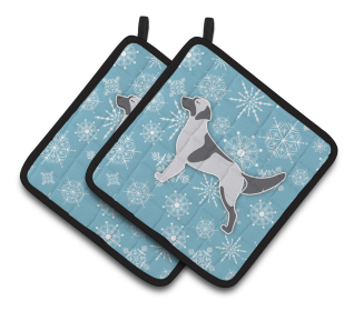 Snowflake and Dog Art Pair of Pot Holders (Dog Breed: English Setter)