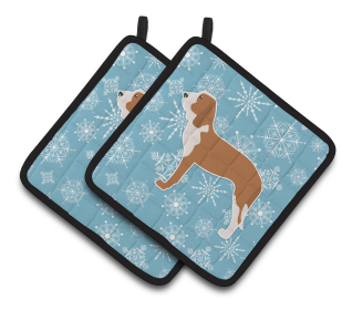 Snowflake and Dog Art Pair of Pot Holders (Dog Breed: Spanish Hound)