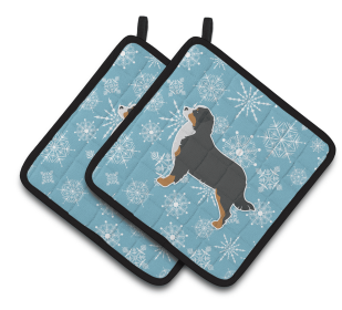 Snowflake and Dog Art Pair of Pot Holders (Dog Breed: Bernese Mountain Dog2)