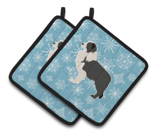 Snowflake and Dog Art Pair of Pot Holders (Dog Breed: Border Collie)