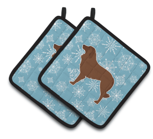 Snowflake and Dog Art Pair of Pot Holders (Dog Breed: Portuguese Sheepdog)