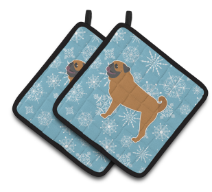 Snowflake and Dog Art Pair of Pot Holders (Dog Breed: Pug)