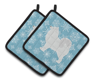 Snowflake and Dog Art Pair of Pot Holders (Dog Breed: Samoyed)