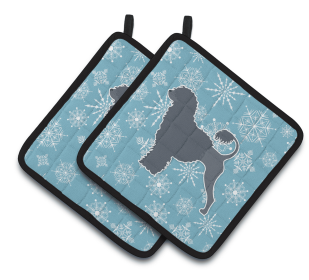 Snowflake and Dog Art Pair of Pot Holders (Dog Breed: Portuguese Water Dog)
