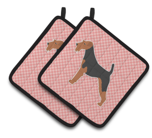 Dog Checkerboard Design Pair of Pot Holders (Dog Breed: Welsh Terrier Style # 1)