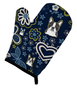 Blue Flowers Dog Art Oven Mitt (Dog Breed: Boston Terrier)