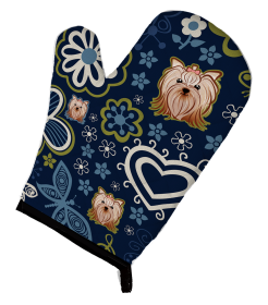 Blue Flowers Dog Art Oven Mitt (Dog Breed: Yorkshire Terrier)