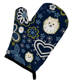 Blue Flowers Dog Art Oven Mitt (Dog Breed: Pomeranian)