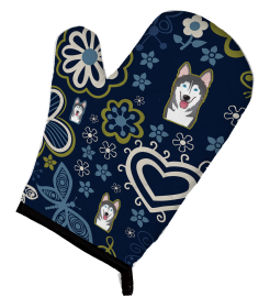 Blue Flowers Dog Art Oven Mitt (Dog Breed: Alaskan Malamute)