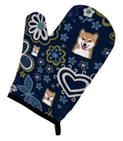 Blue Flowers Dog Art Oven Mitt (Dog Breed: Shiba Inu)