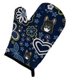 Blue Flowers Dog Art Oven Mitt (Dog Breed: French Bulldog - Black)