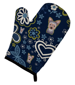Blue Flowers Dog Art Oven Mitt (Dog Breed: Yorkshire Terrier - Puppy)