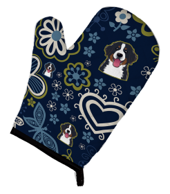 Blue Flowers Dog Art Oven Mitt (Dog Breed: Bernese Mountain Dog)