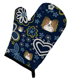 Blue Flowers Dog Art Oven Mitt (Dog Breed: Papillon)