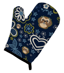 Blue Flowers Dog Art Oven Mitt (Dog Breed: Shih Tzu - Chocolate)