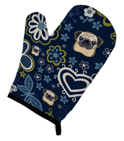 Blue Flowers Dog Art Oven Mitt (Dog Breed: Pug - Fawn)