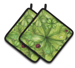 St Patrick's Day Pair of Pot Holders (Color: Shamrocks and Lady bug, size: 7.5 x 7.5)