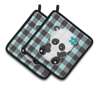 Animals on Pair of Pot Holders (Animal: Panda on Plaid)