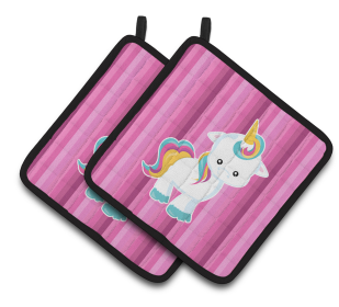 Animals on Pair of Pot Holders (Animal: Pink Stripes Unicorn)