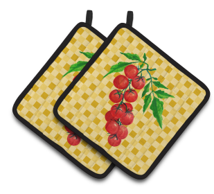 Vegetable on Pair of Pot Holders (Color: Cherry Tomato on Basketweave, size: 7.5 x 7.5)