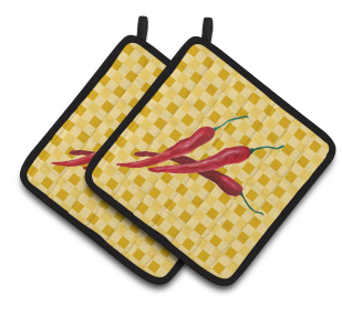 Vegetable on Pair of Pot Holders (Color: Chili Peppers on Basketweave, size: 7.5 x 7.5)