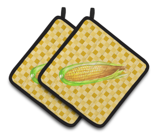 Vegetable on Pair of Pot Holders (Color: Corn on Basketweave, size: 7.5 x 7.5)