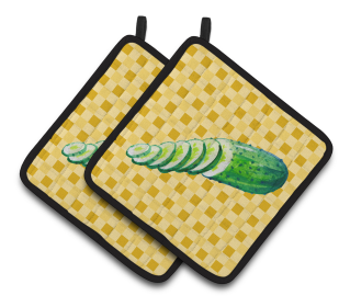 Vegetable on Pair of Pot Holders (Color: Cucumber on Basketweave, size: 7.5 x 7.5)
