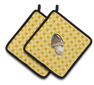 Vegetable on Pair of Pot Holders (Color: Straw Mushroom on Basketweave, size: 7.5 x 7.5)