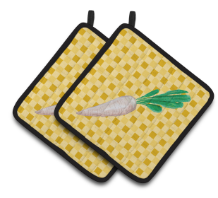 Vegetable on Pair of Pot Holders (Color: White Radish on Basketweave, size: 7.5 x 7.5)