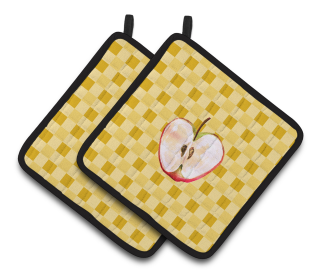 Fruit on Pair of Pot Holders (Color: Half Apple on Basketweave, size: 7.5 x 7.5)