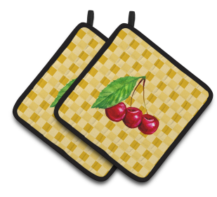 Fruit on Pair of Pot Holders (Color: Cherries on Basketweave, size: 7.5 x 7.5)