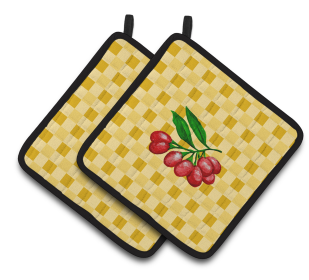Fruit on Pair of Pot Holders (Color: Gojis on Basketweave, size: 7.5 x 7.5)