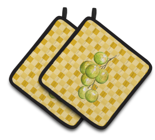 Fruit on Pair of Pot Holders (Color: White Grapes on Basketweave, size: 7.5 x 7.5)