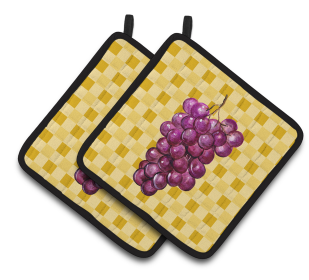 Fruit on Pair of Pot Holders (Color: Grapes on Basketweave, size: 7.5 x 7.5)