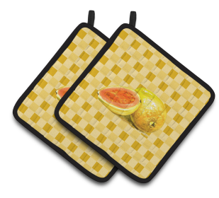Fruit on Pair of Pot Holders (Color: Guava Sliced and Whole on Basketweave, size: 7.5 x 7.5)
