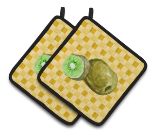 Fruit on Pair of Pot Holders (Color: Kiwi on Basketweave, size: 7.5 x 7.5)