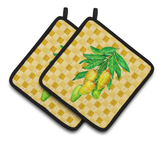 Fruit on Pair of Pot Holders (Color: Mangos on Branch on Basketweave, size: 7.5 x 7.5)