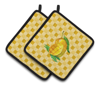 Fruit on Pair of Pot Holders (Color: Mangos Ready on Basketweave, size: 7.5 x 7.5)